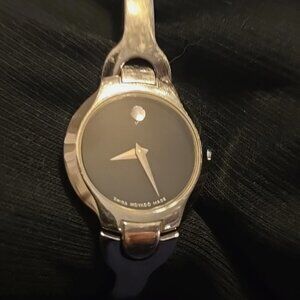 Movado Kara Silver Stainless Black Dial Swiss Movement NEW BATTERY SIZE 6"